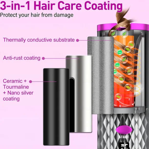 Automatic Curling Iron, Hair Curler Cordless With 6 Temps & Timer, Wireless Portable Curler, Rechargeable Rotating Curling Iron Wand, Self Hair Curling Iron for Lasting Curls Multi coler