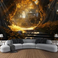 Autumn Forest Hanging Tapestry Trippy Wall Art Large Tapestry Mural Decor Photograph Backdrop Blanket Curtain Home Bedroom Living Room Decoration