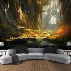 Autumn Forest Hanging Tapestry Trippy Wall Art Large Tapestry Mural Decor Photograph Backdrop Blanket Curtain Home Bedroom Living Room Decoration