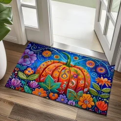 Autumn Pumpkin Folk Art Doormat Kitchen Mat Floor Mat Non-Slip Area Rug Oil Proof Rug Indoor Outdoor Mat Bedroom Decor Bathroom Mat Entrance Rug
