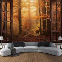 Autumn Tapestry Hanging Autumn Maple Mist Forest Tapestry Window Elk Maple Leaf Natural Scenery Tapestry Living Room Bedroom Farm Holiday Party Decoration