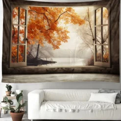 Autumn Tapestry Hanging Autumn Maple Mist Forest Tapestry Window Elk Maple Leaf Natural Scenery Tapestry Living Room Bedroom Farm Holiday Party Decoration
