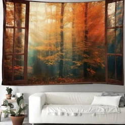 Autumn Tapestry Hanging Autumn Maple Mist Forest Tapestry Window Elk Maple Leaf Natural Scenery Tapestry Living Room Bedroom Farm Holiday Party Decoration