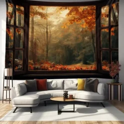 Autumn Tapestry Hanging Autumn Maple Mist Forest Tapestry Window Elk Maple Leaf Natural Scenery Tapestry Living Room Bedroom Farm Holiday Party Decoration