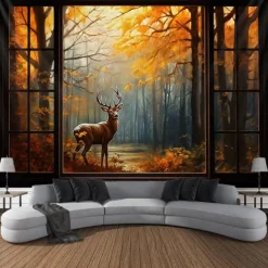 Autumn Tapestry Hanging Autumn Maple Mist Forest Tapestry Window Elk Maple Leaf Natural Scenery Tapestry Living Room Bedroom Farm Holiday Party Decoration