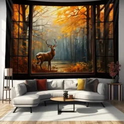 Autumn Tapestry Hanging Autumn Maple Mist Forest Tapestry Window Elk Maple Leaf Natural Scenery Tapestry Living Room Bedroom Farm Holiday Party Decoration