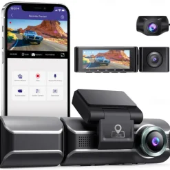AZDOME M550 3 Channel Dash Cam, Front Inside Rear Three Way Car Dash Camera, 4K+1080P Dual Channel With GPS WiFi IR Night Vision