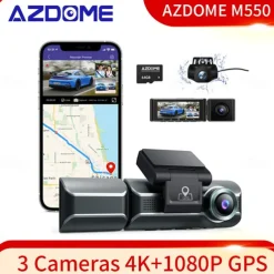AZDOME M550 3 Channel Dash Cam, Front Inside Rear Three Way Car Dash Camera, 4K+1080P Dual Channel With GPS WiFi IR Night Vision
