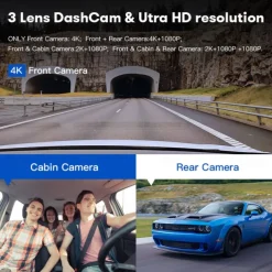 AZDOME M550 3 Channel Dash Cam, Front Inside Rear Three Way Car Dash Camera, 4K+1080P Dual Channel With GPS WiFi IR Night Vision