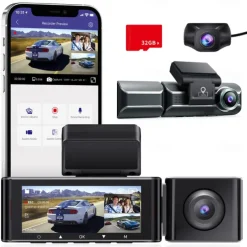 AZDOME M550 3 Channel Dash Cam, Front Inside Rear Three Way Car Dash Camera, 4K+1080P Dual Channel With GPS WiFi IR Night Vision