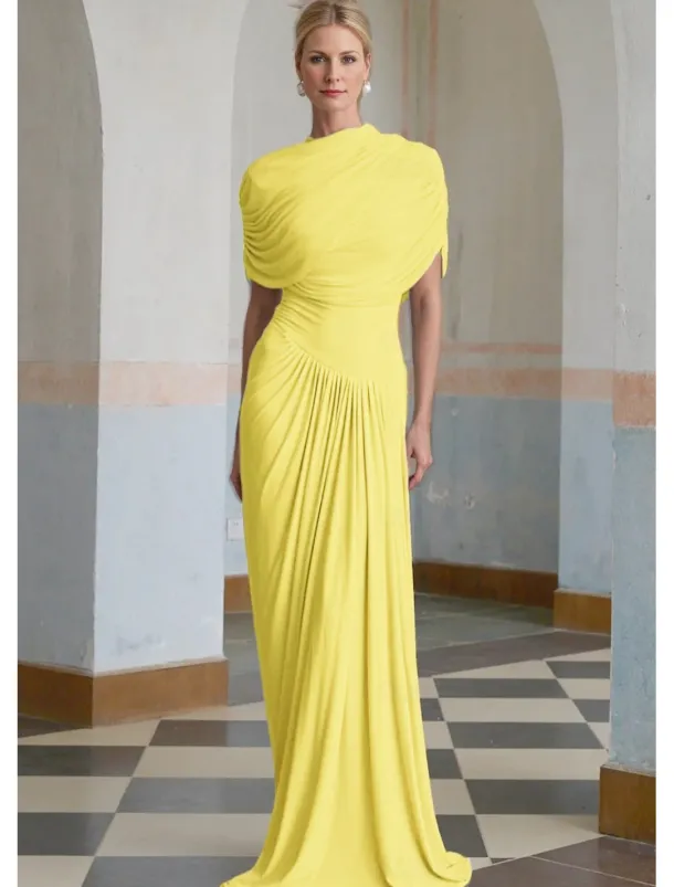 Baby Column Evening Gown Elegant Dress Formal Wedding Guest Floor Length Short Sleeve High Neck Spandex with Ruched Shawl