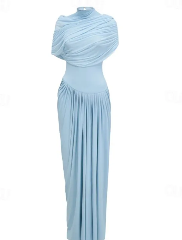 Baby Column Evening Gown Elegant Dress Formal Wedding Guest Floor Length Short Sleeve High Neck Spandex with Ruched Shawl