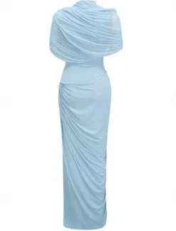 Baby Column Evening Gown Elegant Dress Formal Wedding Guest Floor Length Short Sleeve High Neck Spandex with Ruched Shawl