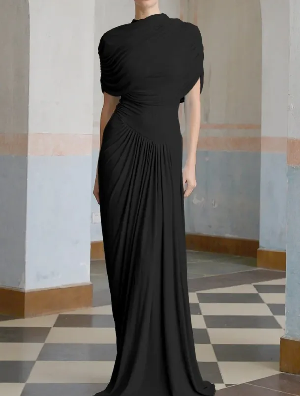 Baby Column Evening Gown Elegant Dress Formal Wedding Guest Floor Length Short Sleeve High Neck Spandex with Ruched Shawl