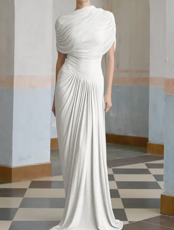 Baby Column Evening Gown Elegant Dress Formal Wedding Guest Floor Length Short Sleeve High Neck Spandex with Ruched Shawl