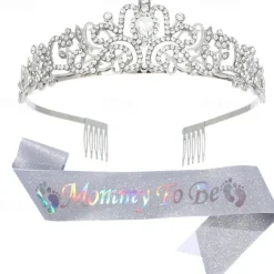 Baby Shower Decoration Sash and Headband Kit, Sage Green Mommy to Be Crystal Crown Headband and Etiquette Sash Set, Glitter Ribbon Belt for Maternity Gift and Party Decorations