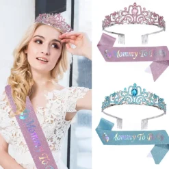 Baby Shower Decoration Sash and Headband Kit, Sage Green Mommy to Be Crystal Crown Headband and Etiquette Sash Set, Glitter Ribbon Belt for Maternity Gift and Party Decorations