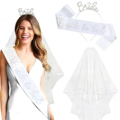 Bachelorette Party 3-Pc Set Bride to Be Tiara Headband, Wedding Veil with Shoulder Strap, Bridal Party Accessories for Bachelorette Party