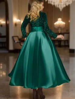 Ball Gown A-Line Sequined Cocktail Dresses Elegant Formal Wedding Ankle Length Long Sleeve Crew Neck Detachable Satin with Pleats Pocket