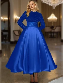 Ball Gown A-Line Sequined Cocktail Dresses Elegant Formal Wedding Ankle Length Long Sleeve Crew Neck Detachable Satin with Pleats Pocket