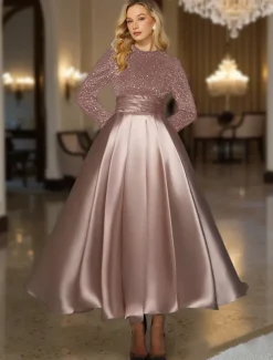 Ball Gown A-Line Sequined Cocktail Dresses Elegant Formal Wedding Ankle Length Long Sleeve Crew Neck Detachable Satin with Pleats Pocket