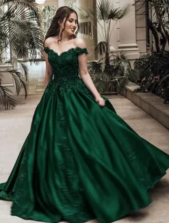 Ball Gown Evening Gown Luxurious Dress Quinceanera Prom Floor Length Sleeveless Off Shoulder Satin with Appliques