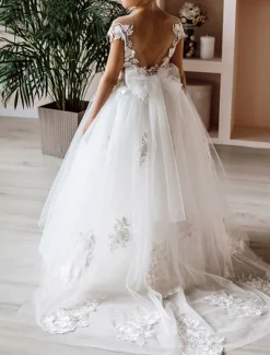 Ball Gown Floor Length Flower Girl Dress First Communion Girls Cute Prom Dress Lace with Sash / Ribbon Boho Tutu Fit 3-16 Years dress to impress