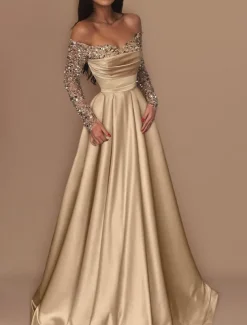 Ball Gown Gold Evening Gown Hot Dress Engagement Wedding Reception Sweep / Brush Train 3/4 Length Sleeve Off Shoulder Satin with Sequin