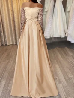 Ball Gown Gold Evening Gown Hot Dress Engagement Wedding Reception Sweep / Brush Train 3/4 Length Sleeve Off Shoulder Satin with Sequin
