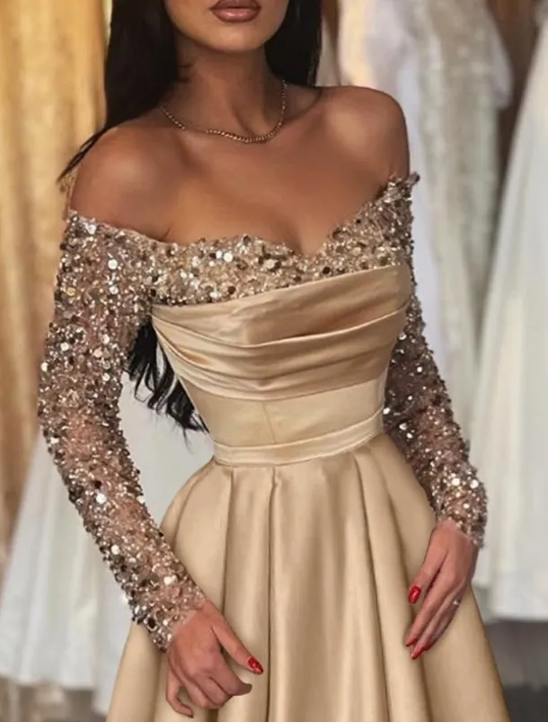 Ball Gown Gold Evening Gown Hot Dress Engagement Wedding Reception Sweep / Brush Train 3/4 Length Sleeve Off Shoulder Satin with Sequin