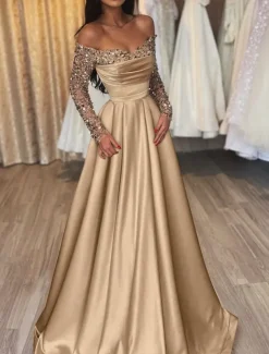 Ball Gown Gold Evening Gown Hot Dress Engagement Wedding Reception Sweep / Brush Train 3/4 Length Sleeve Off Shoulder Satin with Sequin
