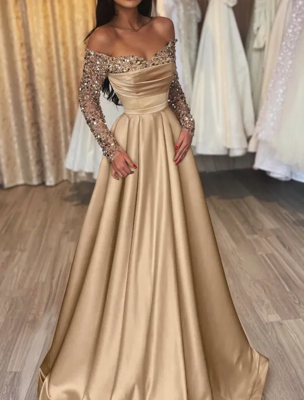 Ball Gown Gold Evening Gown Hot Dress Engagement Wedding Reception Sweep / Brush Train 3/4 Length Sleeve Off Shoulder Satin with Sequin
