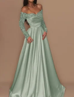 Ball Gown Gold Evening Gown Hot Dress Engagement Wedding Reception Sweep / Brush Train 3/4 Length Sleeve Off Shoulder Satin with Sequin