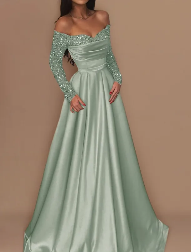 Ball Gown Gold Evening Gown Hot Dress Engagement Wedding Reception Sweep / Brush Train 3/4 Length Sleeve Off Shoulder Satin with Sequin