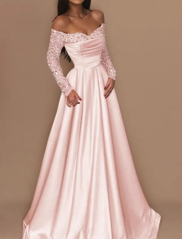 Ball Gown Gold Evening Gown Hot Dress Engagement Wedding Reception Sweep / Brush Train 3/4 Length Sleeve Off Shoulder Satin with Sequin