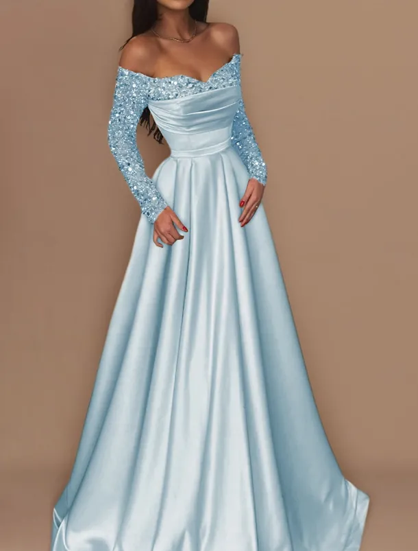 Ball Gown Gold Evening Gown Hot Dress Engagement Wedding Reception Sweep / Brush Train 3/4 Length Sleeve Off Shoulder Satin with Sequin