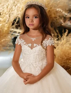 Ball Gown Knee Length Flower Girl Dress Quinceanera Frozen Elsa Girls Cute Prom Dress Tulle with Ruched Royal Style Tutu Fit 3-16 Years