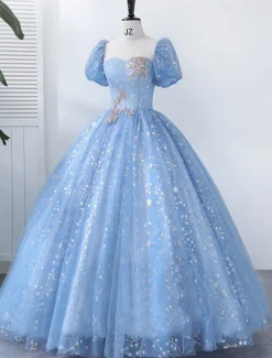 Ball Gown Quinceanera Dresses Princess Dress Performance Sweet 16 Floor Length Short Sleeve Square Neck with Pearls Appliques dress to impress