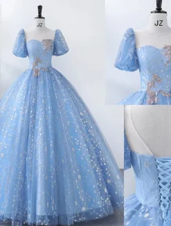 Ball Gown Quinceanera Dresses Princess Dress Performance Sweet 16 Floor Length Short Sleeve Square Neck with Pearls Appliques dress to impress