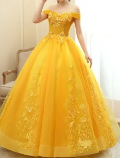 Ball Gown Quinceanera Dresses Princess Dress Quinceanera Floor Length Sleeveless Off Shoulder Polyester with Appliques dress to impress