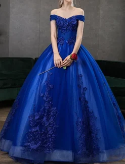 Ball Gown Quinceanera Dresses Princess Dress Quinceanera Floor Length Sleeveless Off Shoulder Polyester with Appliques dress to impress