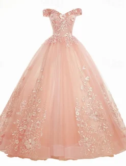 Ball Gown Quinceanera Dresses Princess Dress Quinceanera Floor Length Sleeveless Off Shoulder Polyester with Appliques dress to impress