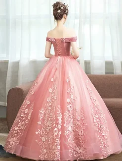 Ball Gown Quinceanera Dresses Princess Dress Quinceanera Floor Length Sleeveless Off Shoulder Polyester with Appliques dress to impress