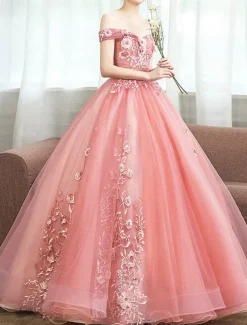 Ball Gown Quinceanera Dresses Princess Dress Quinceanera Floor Length Sleeveless Off Shoulder Polyester with Appliques dress to impress