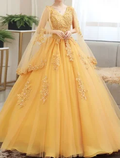 Ball Gown Quinceanera Dresses Princess Dress Sweet 16 Floor Length Short Sleeve V Neck Tulle with Appliques dress to impress