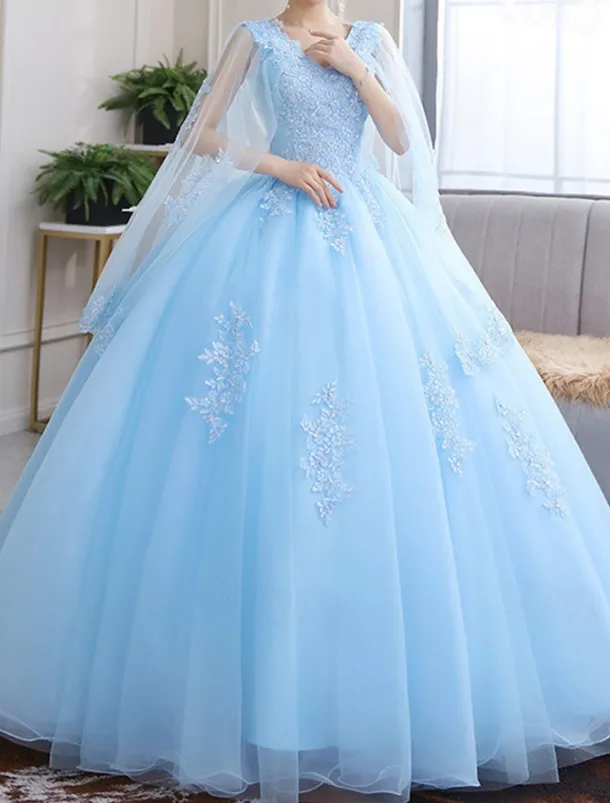 Ball Gown Quinceanera Dresses Princess Dress Sweet 16 Floor Length Short Sleeve V Neck Tulle with Appliques dress to impress
