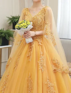 Ball Gown Quinceanera Dresses Princess Dress Sweet 16 Floor Length Short Sleeve V Neck Tulle with Appliques dress to impress