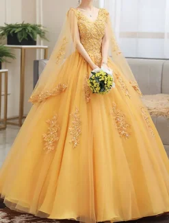 Ball Gown Quinceanera Dresses Princess Dress Sweet 16 Floor Length Short Sleeve V Neck Tulle with Appliques dress to impress