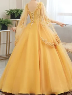 Ball Gown Quinceanera Dresses Princess Dress Sweet 16 Floor Length Short Sleeve V Neck Tulle with Appliques dress to impress