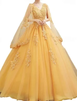 Ball Gown Quinceanera Dresses Princess Dress Sweet 16 Floor Length Short Sleeve V Neck Tulle with Appliques dress to impress